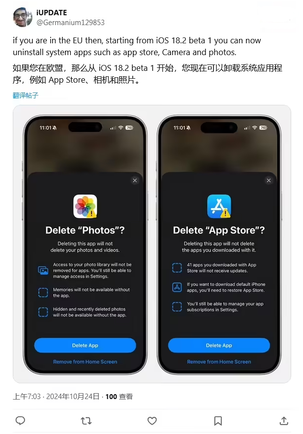 什玲镇苹果手机维修分享iOS 18.2 支持删除 App Store 应用商店 