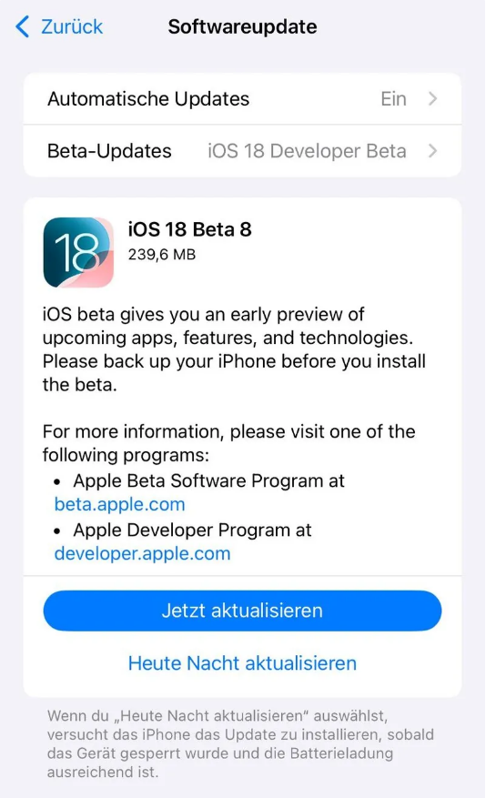 什玲镇苹果手机维修分享苹果 iOS / iPadOS 18 开发者预览版 Beta 8 发布 